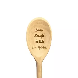 Cuchara de madera grabada con láser Love, Laugh And Lick The Spoon - Imagen 1 de 1
