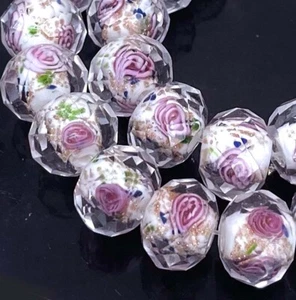 14 Czech Glass Faceted Rondelle Beads - Encased Rose Flower 11x8mm - Picture 1 of 4