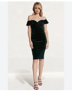 Bardot Sheath Dress Womens Size 10 Hunter Green Off The Shoulder Velvet Lined - Picture 1 of 10