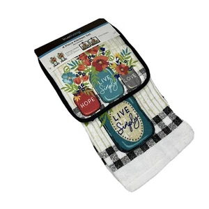 Juego de cocina de 4 piezas Live Simply Floral Farmhouse 2 toallas 2 agarres nuevo con etiquetas - Imagen 1 de 5