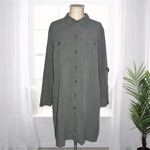 J JILL Button Up Midi Shirt Dress Green Long Sleeve Relaxed Roll Tab Sleeve L - Picture 1 of 10