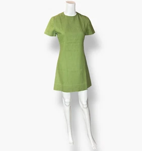 Vintage Womens 60s A-Line Sheath Dress Short Sleeve Twiggy Avocado Green XS/S - Picture 1 of 21