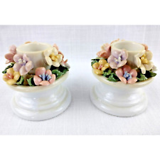 2 Taper Candle Holders Floral Vintage Bone China Pair Colorful Flower Bouquet