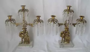 Pair of Antique Brass Girandole Candelabras Victorian Couple Prisms 17"x15" - Picture 1 of 18