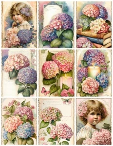 Set of 9 Vintage Shabby Chic Hydrangea Garden #2 STICKERS - Just Cut & Use! - Picture 1 of 1