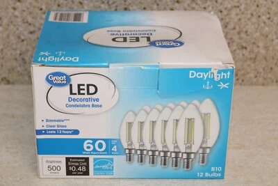 12 pk Great Value® LED Decorative Candelabra Base Dimmable Clear 60W Bulbs - Image 1 of 4