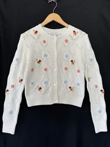 English Factory Floral Handmade Embroidery floral knit Cardigan pointelle Size M - Picture 1 of 8