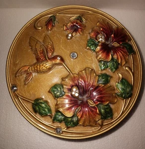 Enameled Metal Round Trinket Box Hummingbird Flowers Velvet Lined Mirror Inside - Bild 1 von 9