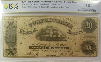 1861 $20 Confederate States of America T-9 PCGS Very Fine 20 - Image 1 of 2