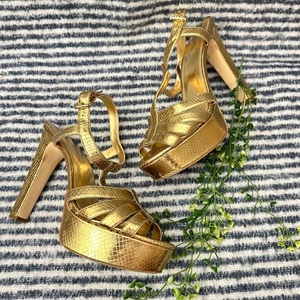 Sandalias Michael Kors Oro Metálico Tirantes Cuero Plataforma Tacón Ultra Alto 9M - Imagen 1 de 9