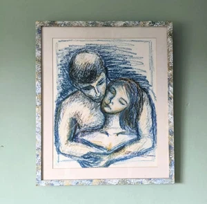 XL Original Óleo Pastel Dibujo Pareja Audaz Pieza Azul Marco de Pintura Reino Unido - Imagen 1 de 4