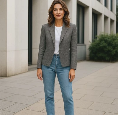 Blazer Orvis Feminino Tamanho 12P Preto Cinza Espinha de Arenque Tweed Aberto Curto Carreira Ano Novo - Imagem 1 de 4