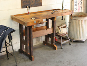 Vtg Industrial Woodworkers Workbench Console Table Bar w/ Vises