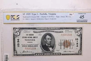 1929 $5 National Currency., "Norfolk"., PCGS XF-45., Store #SGNB007 - Picture 1 of 2