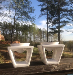 set of 2 modern white ceramic candle holders square hollow middle unique art - Picture 1 of 7
