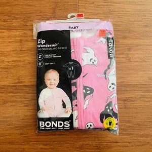 Bonds Baby Pink White Black Ghost Halloween Zip Wondersuit Size 1 BNIP - Picture 1 of 1