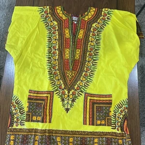 GOLD BLACK RED AFRICAN PRINT DASHIKI MEN'S SHIRT BLOUSE TOP S(?) - Picture 1 of 10