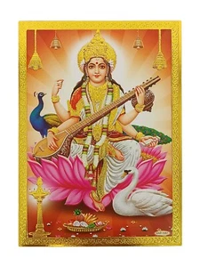 Gold Foil Embossed Hindu God Picture * GODDESS SARASWATI * Approx 13.1 x 18.2 cm - Picture 1 of 3