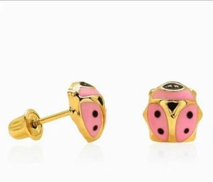14K Yellow Gold 7MM Pink Enamel Medium Ladybug Screw Back Stud Earrings - Picture 1 of 1