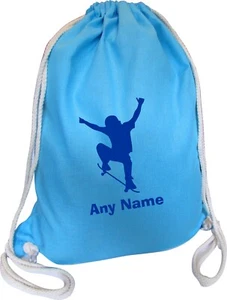 Skateboarder Personalised AQUA BLUE COTTON Kids Childs School Sports Gym PE Bag - Picture 1 of 12