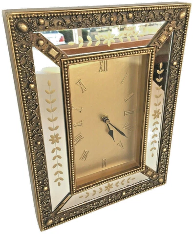 12" x 10" Gold Leaf Wall Clock Mirror Solid Carved Wood Metal Accent Tested Cover