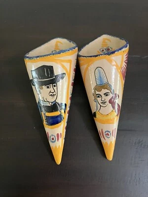 Antique Pair H. B. HENRIOT Quimper French Faience Wall Pockets Vase Matching Set - Image 1 of 4