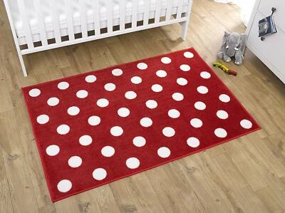 KIT FOR KIDS LTD Kids Nursery Rug Red With white Spots 100 x 150cm Non slip Polka Dots Play Mat