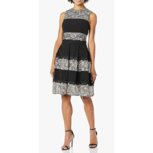 NWT Tahari Sleeveless Lace Stripes Fit and Flare Dress Black Cocktail - Picture 1 of 4
