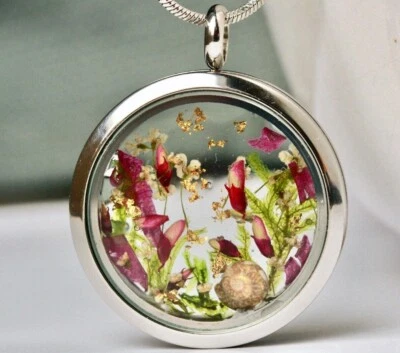 Medaillon Blüten Moos Muschel Edelstahl Kette Geschenk Frau Mutter Schwester - Bild 1 von 4