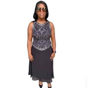 JKARA New York Kleid Petite schwarz lang perlenförmig Rundhalsausschnitt Detailkleid Größe 14P - Bild 1 von 11