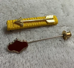 Vintage Tie Pins Tie Tacks Arrow Yellow Fabric Metal 2in Unique Lot Of 2 Retro - Picture 1 of 7