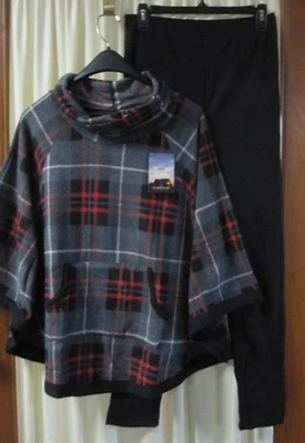 Conjunto de pijama feminino Cuddl Duds cinza xadrez poncho e leggings pretas de lã médio - Imagem 1 de 4