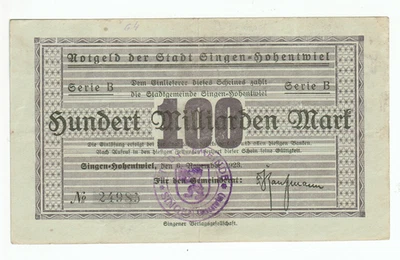 GERMANY BANKNOTE 100 BILLION MARK SINGEN=HOHENTWIEL 1923 - Image 1 of 2