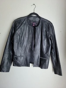 Vintage Women's VS2 By Vakko Black Lamb Leather Jacket Size XL White Stitching - Picture 1 of 9