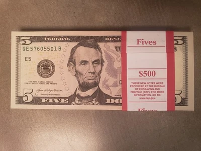 NEW $5 DOLLAR BILLS UNCIRCULATED BEP STRAP 100 CONSECUTIVE $500 FACE VALUE 2021 - Image 1 of 4