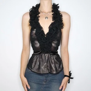 Bebe Blouse Womens Small Black Ruffle Front Sleeveless Tie at Neck Eveining Wear - Picture 1 of 15
