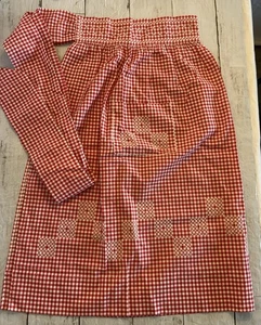 Vintage Handmade Cross Stitch Half Apron Red Gingham Pockets - Picture 1 of 5