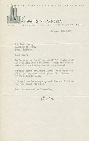 COLE PORTER - TYPED LETTER SIGNED 10/29/1940 Cover