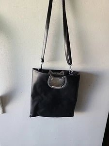 Cat Lady Box Black Faux Leather Convertible Crossbody Clutch Bag Cat Silhouette - Picture 1 of 4