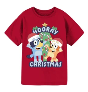 Bluey Hooray Christmas Girls Graphic Crew Neck Short Sleeve T-Shirt Size M (7-8) - Picture 1 of 4