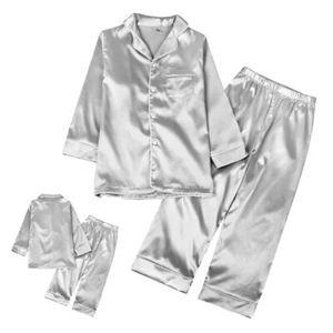Kids Boys Girls Satin Pajamas Silk Outfit Button-Down Long Sleeve Sleepwear - Picture 1 of 17