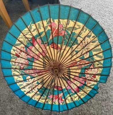 Vintage Wood Paper Umbrella Parasol Hibiscus Hawaiian Floral - Image 1 of 4