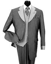 Men's Luxurious Gangster Pin-Striped Four Button Suit w/ Vest 2911V Black