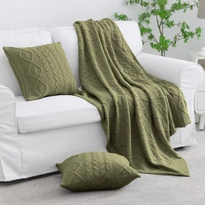 Olive Green Throw Blanket and Pillow Covers Set, 50" x 60" Cable Knit Throw B... - Picture 1 of 8