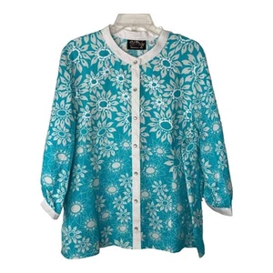 Top Bob Mackie nuovo con etichette Wms indossabile misto lino artistico floreale turchese taglia XL paillettes - Foto 1 di 12
