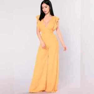 Mustard yellow ruffle sleeve jumpsuit pant suit flared leg feminine romantic XS - Picture 1 of 16