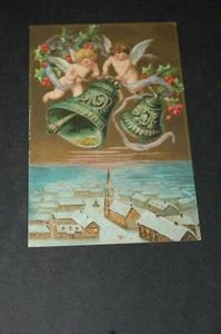 CARTOLINA DI NATALE VINTAGE IN RILIEVO ORO DORATO, CHERUBINI CHE SUONANO CAMPANE, DATATA 1908 - Foto 1 di 6