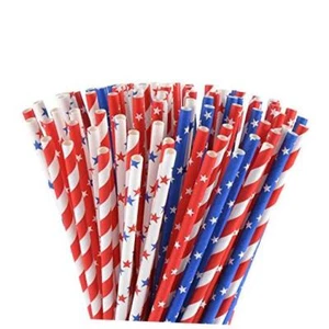 ALINK American Flag Red Blue White Paper Straws, 100 Stripe/Star Red + Blue - Picture 1 of 8
