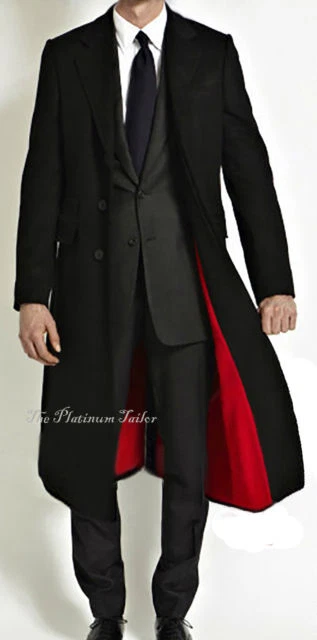 Mens Black Wool Long Covert Overcoat Warm Winter Mod Cashmere Coat Velvet Collar - Image 1 of 4
