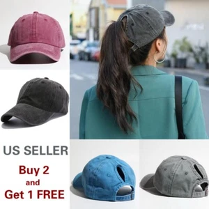 Washed Cotton Ponytail Baseball Cap Polo Style Mesh Caps Plain Adjustable - Picture 1 of 14